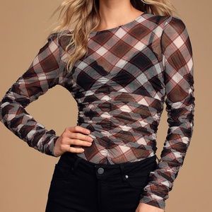 Lulu’s NWT Run With It Black Plaid Sheer Mesh Ruched Bodysuit